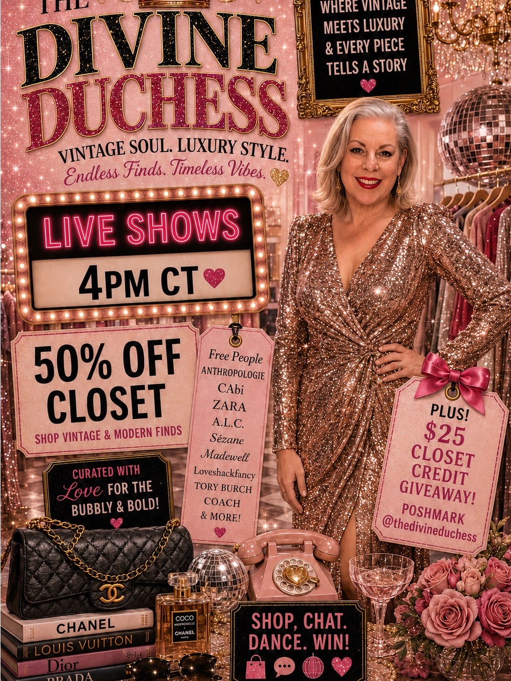 Divine Duchess LIVE at 10:11a + 4p ct 50% Off closet! XS-3X